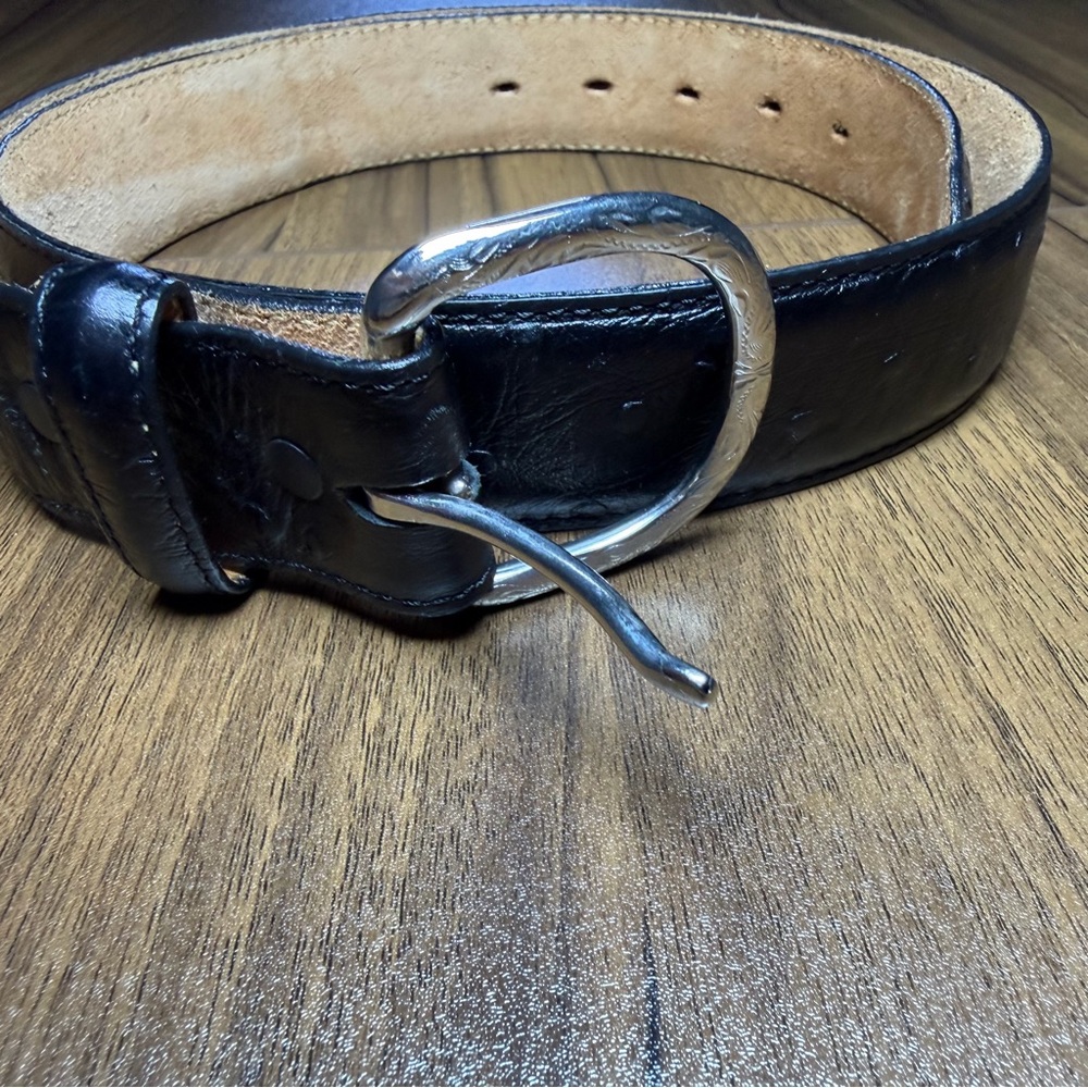 Italian Calfskin Leather Western Belt, Ostrich Print, Black, Size 36, Y1023
